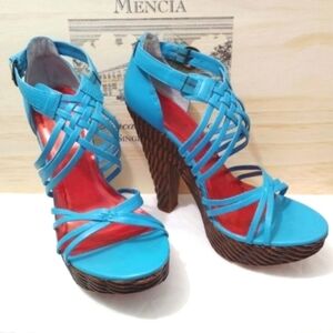 Vintage Diba Barbra Heels Turquoise Strappy Brazilian Leather Woven Design US 8